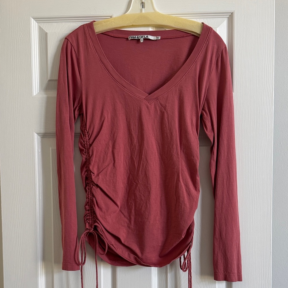Pam & Gela V-Neck Ruched Long Sleeve Top - coral color